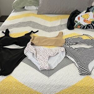 Stylish Swimwear Set in Black, Tan, and Striped Patterns